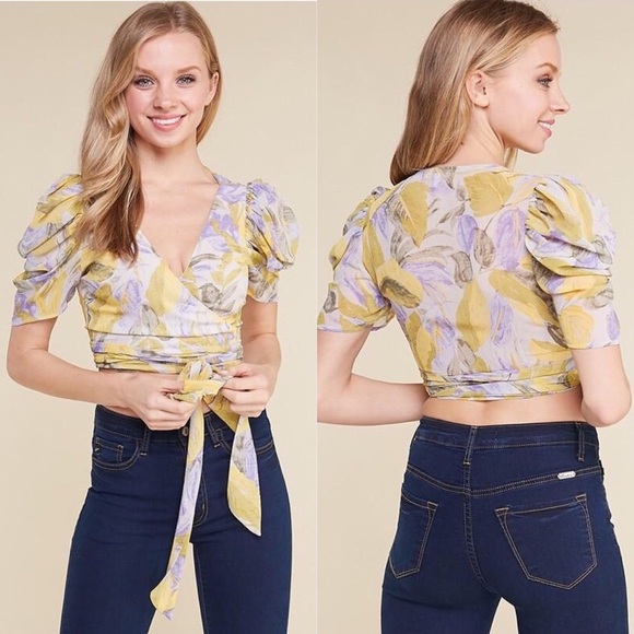 Yellow Floral Print Surplice Crop Top - Picture 1 of 7